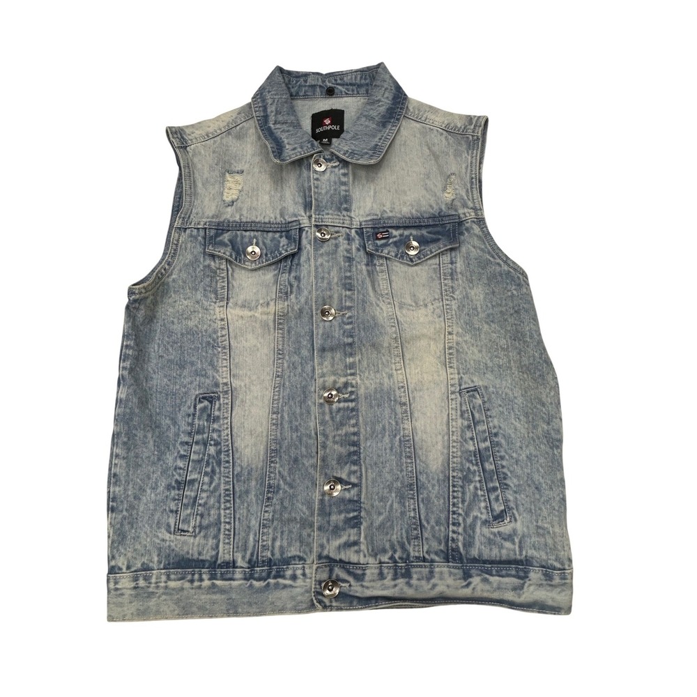 Southpole Denim‎ Trucker Vest Mens Medium Acid Wash Jean Distressed Blue Biker